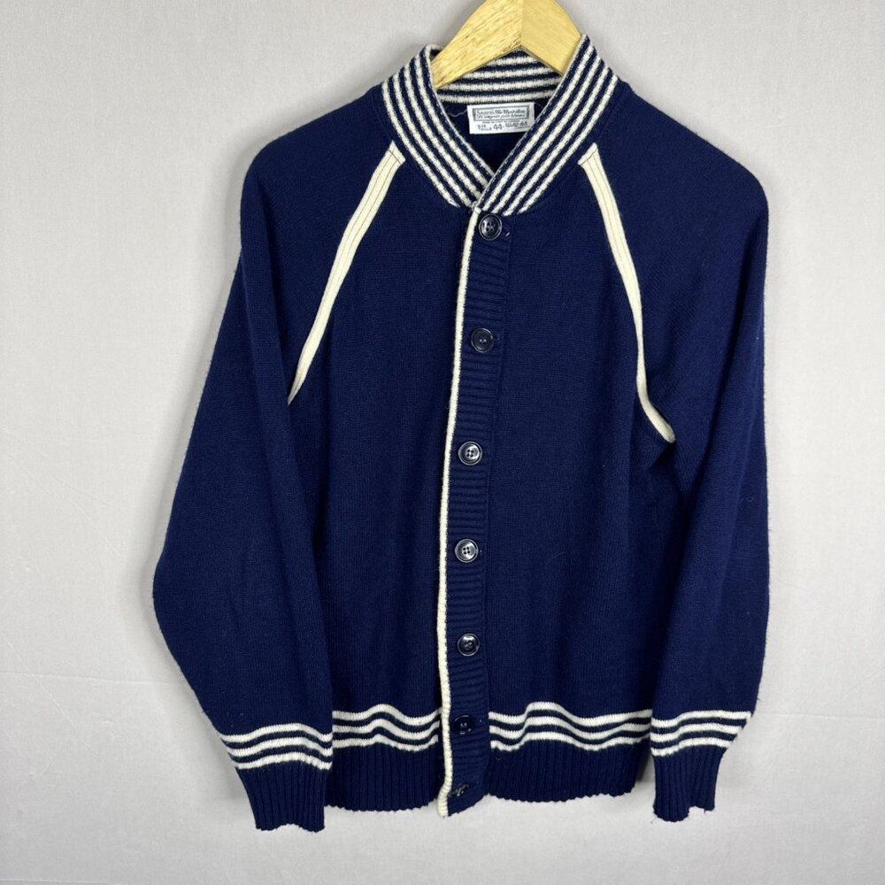 Vintage Sears Varsity Cardigan Navy Blue Striped Trim Button Front Men’s 44